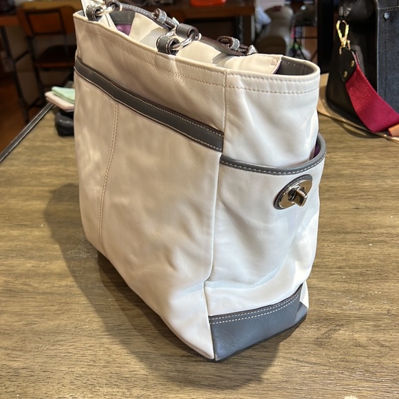 White and gray leather Coach Tote - Picture 8 of 10